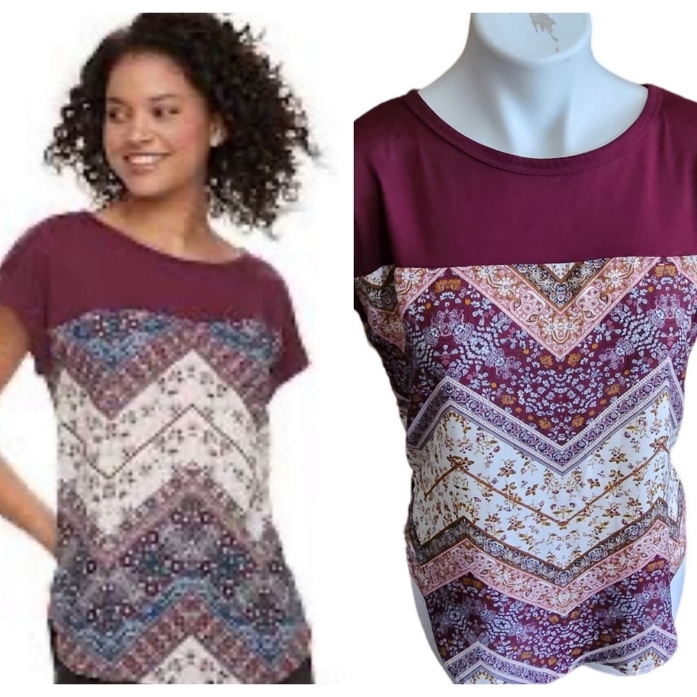 Rewind Cap sleeve Mixed media top Maroon Size S